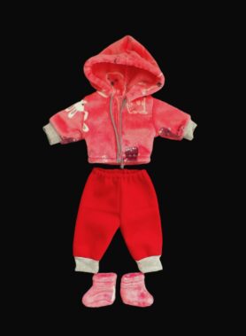 Roosa jänestega pusa + punased püksid + papud